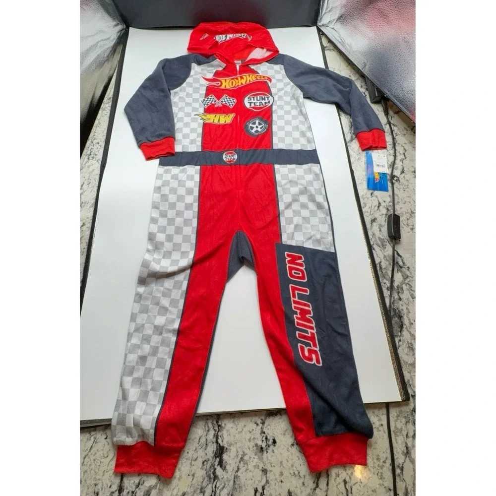 NEW boys size small (6/7) Hot Wheels onesie fleece footless hooded pajamas.